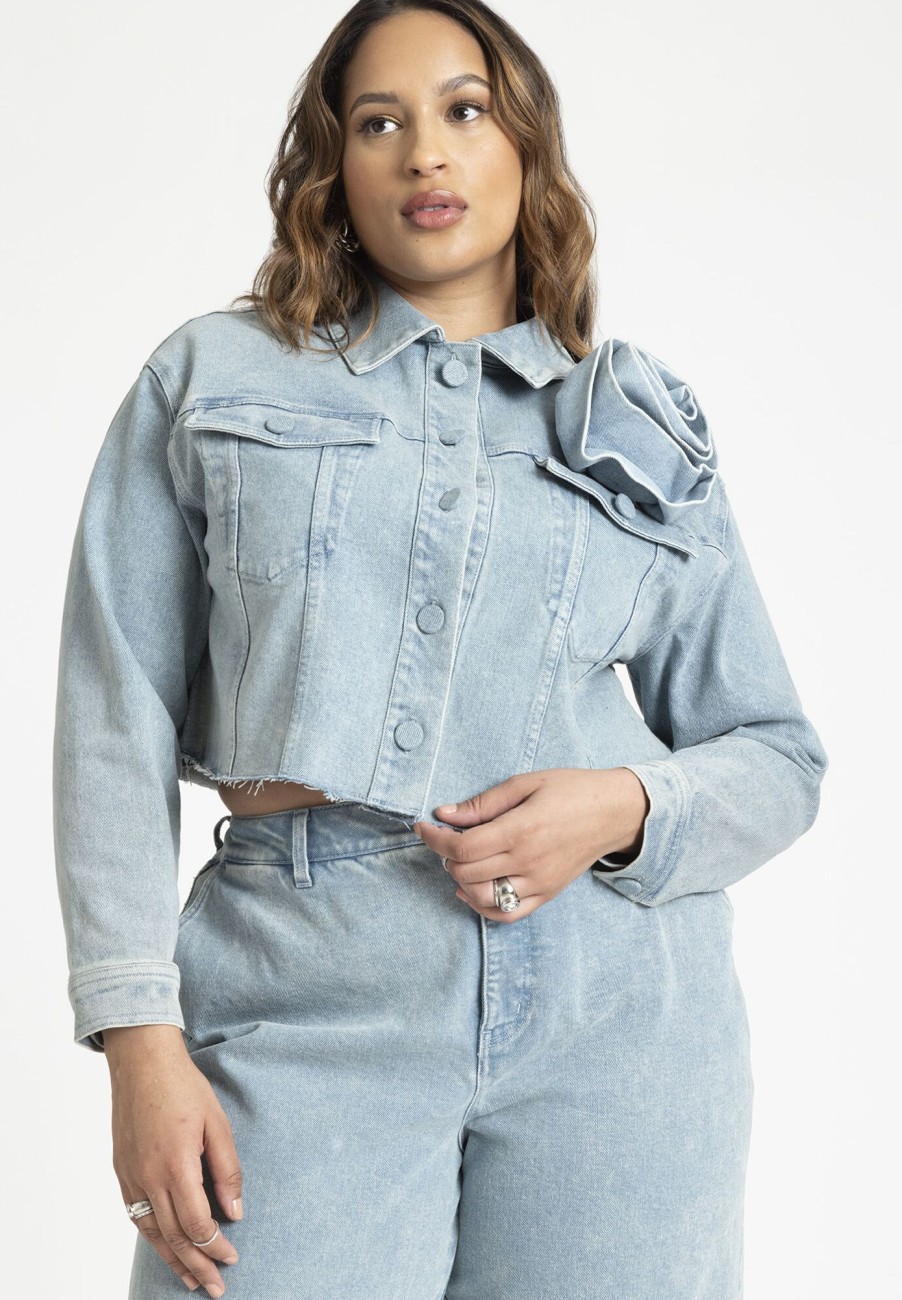 Best Denim Rosette Cropped Jacket Jackets