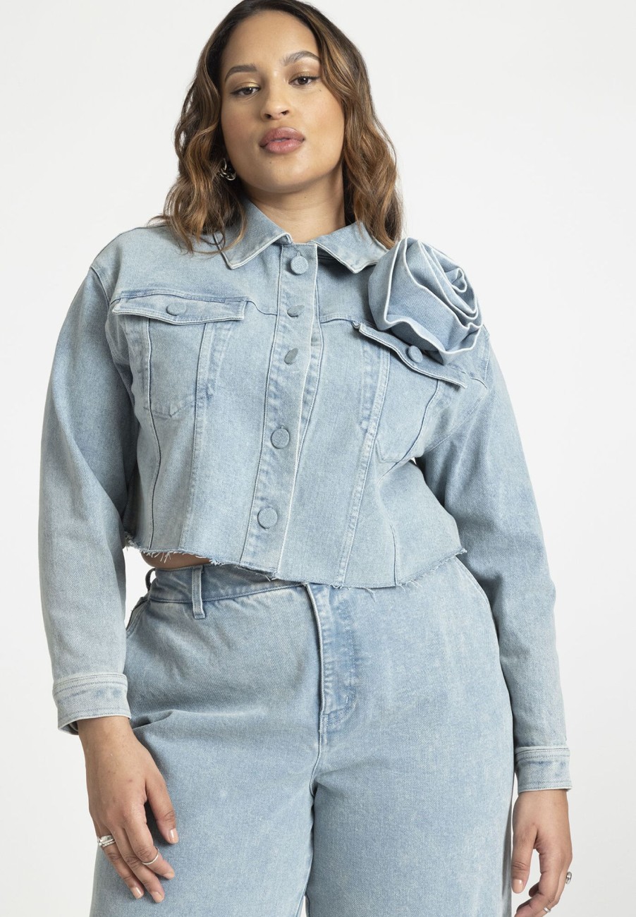 Best Denim Rosette Cropped Jacket Jackets