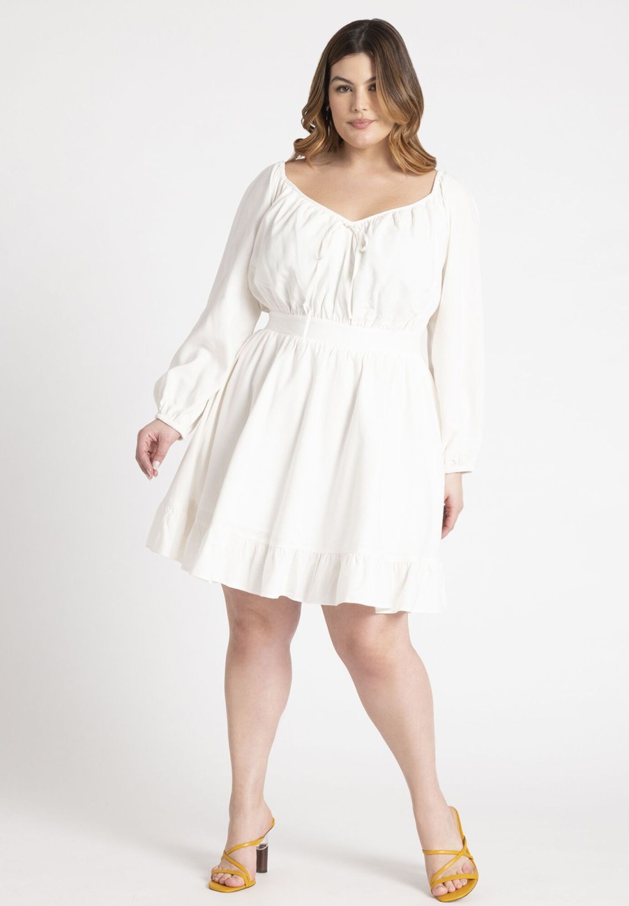 Wholesale Puff Sleeve Linen Mini Dress White Dresses