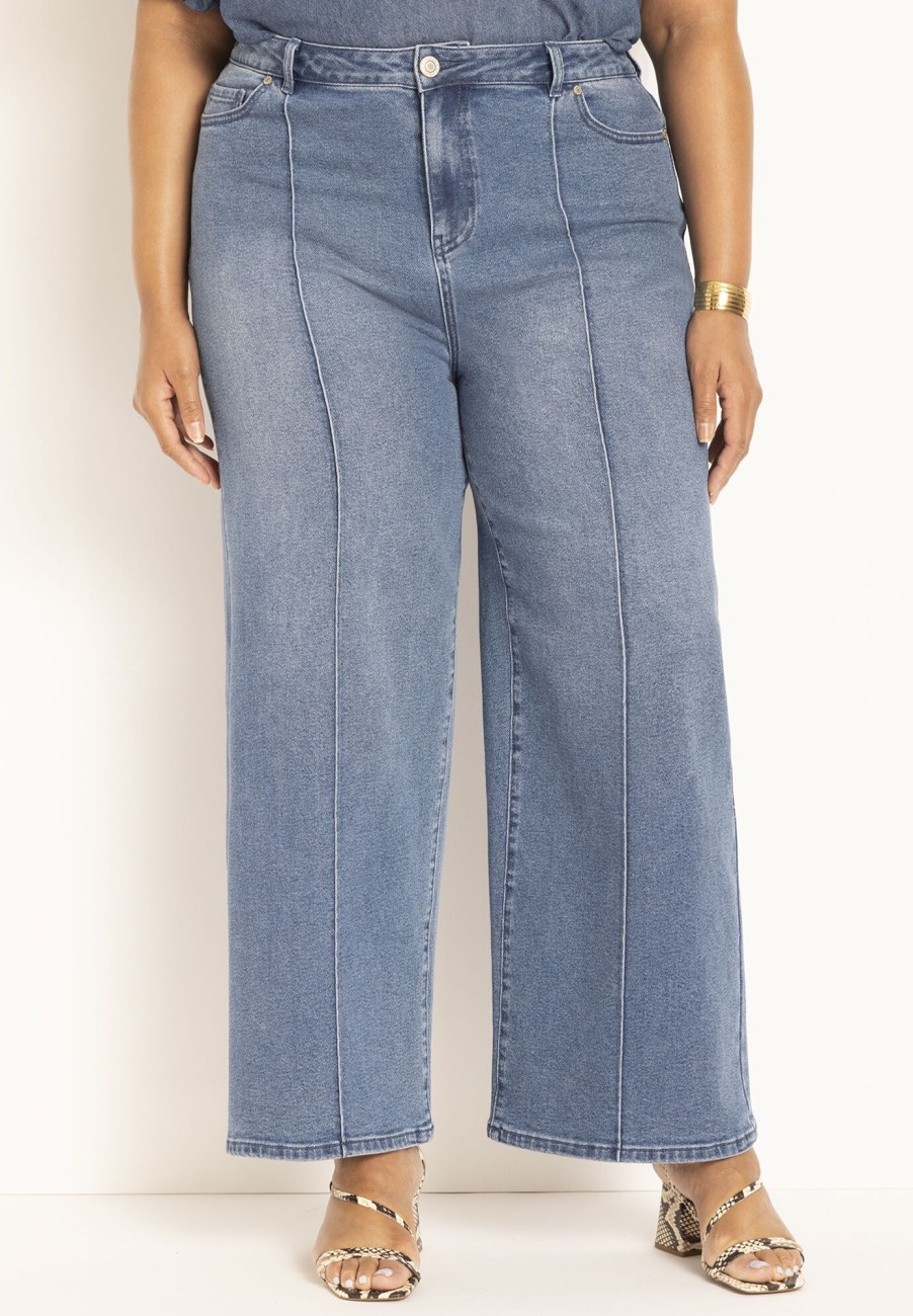 New Pintuck Detail Flare Leg Jean Medium Wash