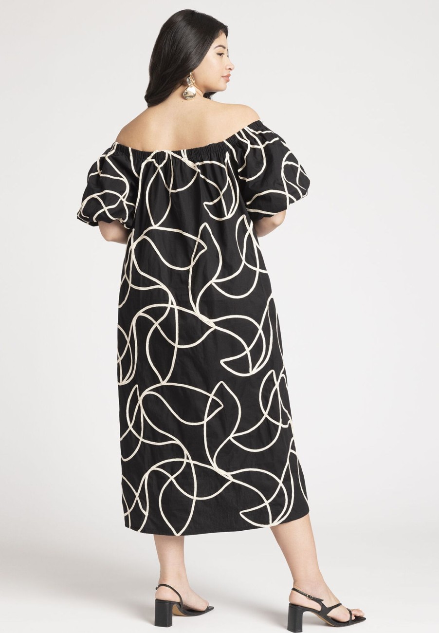 Hot Embroidered Midi Dress Black Dresses