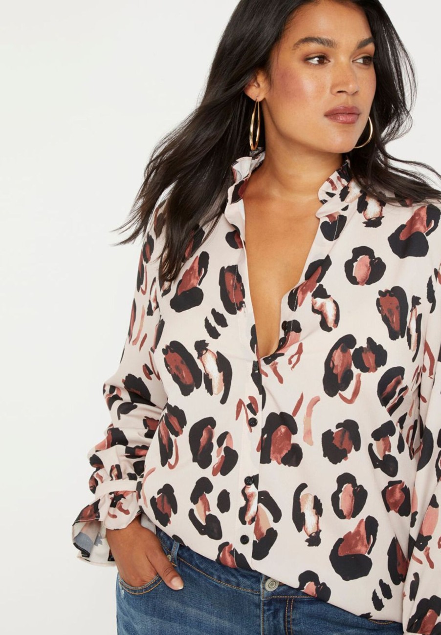 Best Printed Button Down Shirt With Ruffle Neck Tops