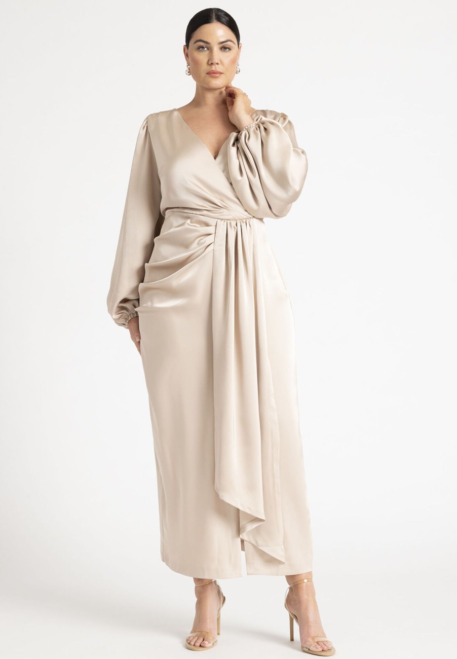 Clearance Satin Puff Sleeve Pleated Dress Maxi Dresses