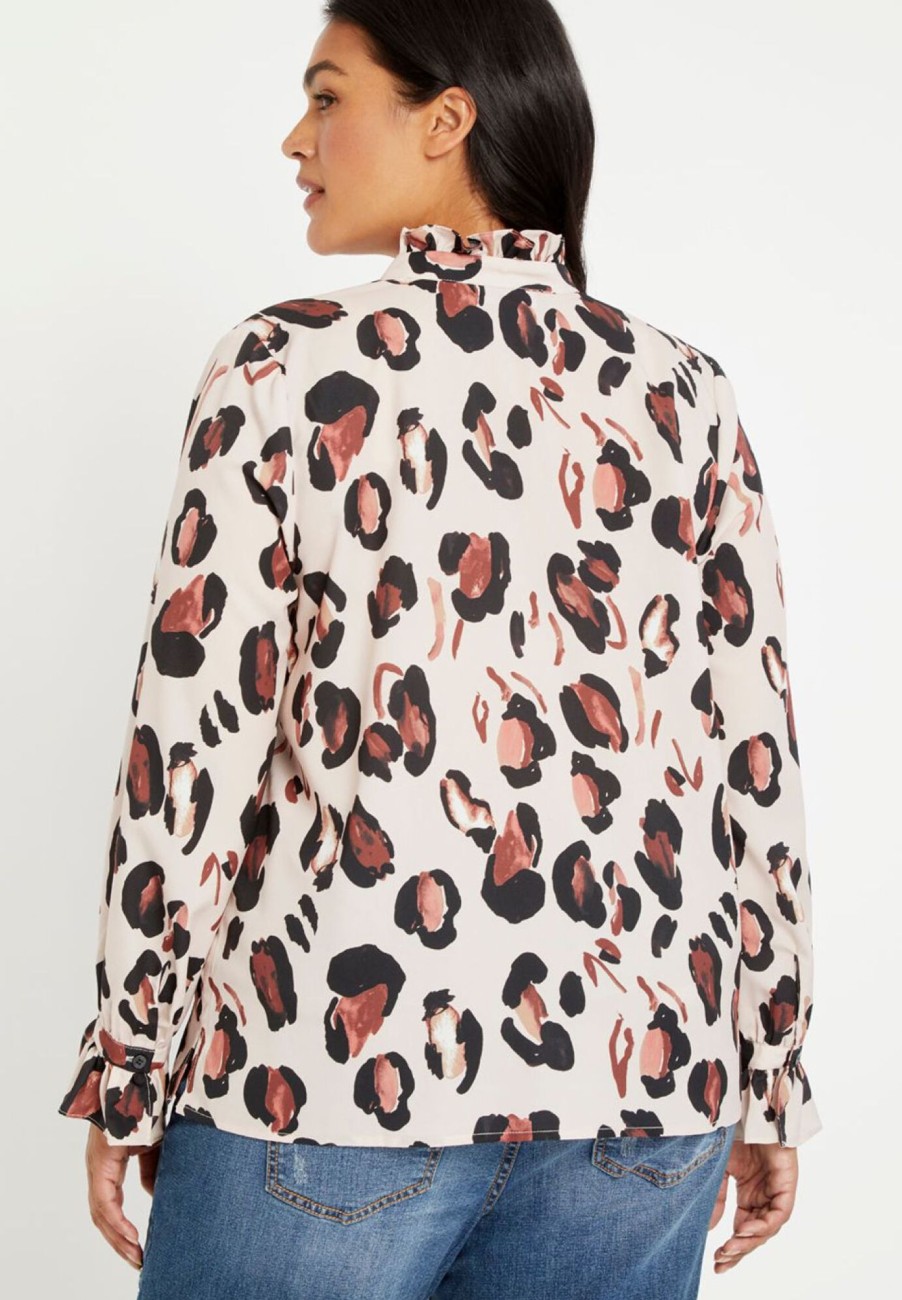 Clearance Printed Button Down Shirt With Ruffle Neck Shirts & Blouses