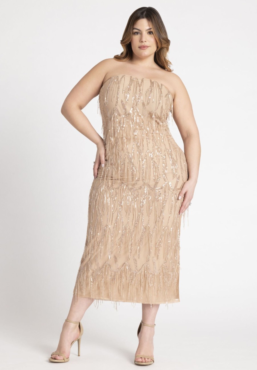 Clearance Strapless Fringe Sequin Maxi Dress Occasion Dresses