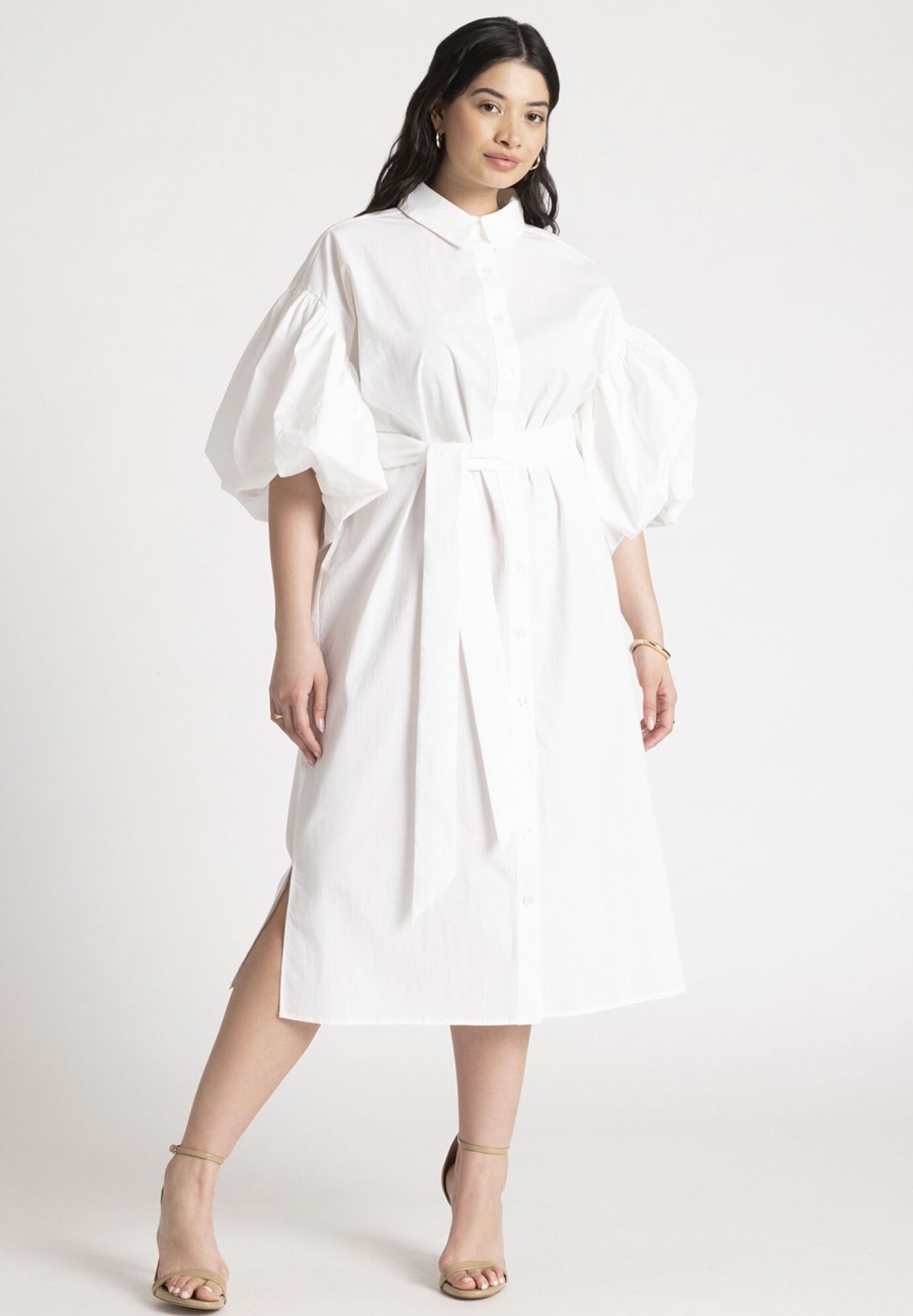 Clearance Balloon Sleeve Shirt Dress White Dresses