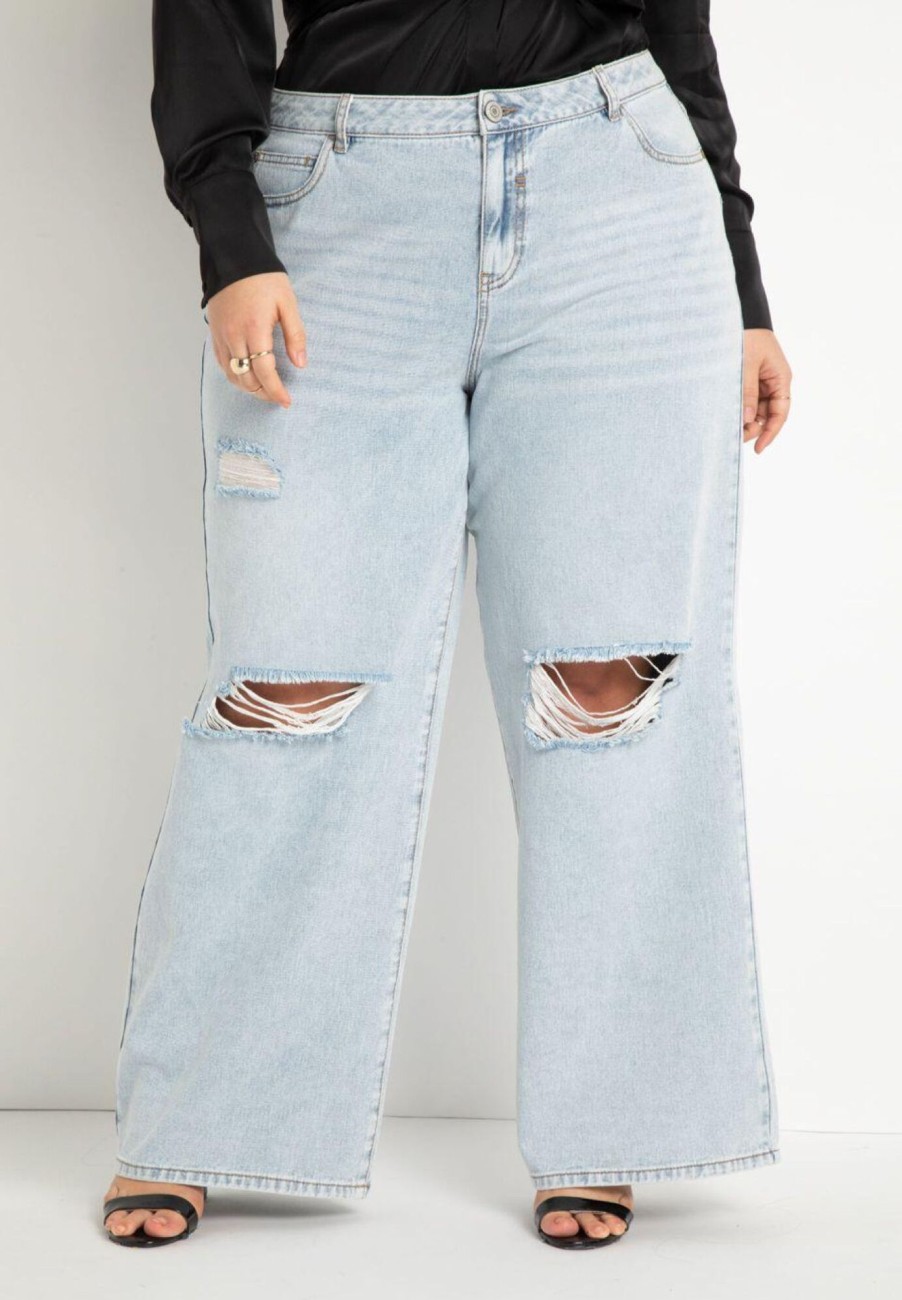 Hot Wide Leg Distressed Jeans Light Wash