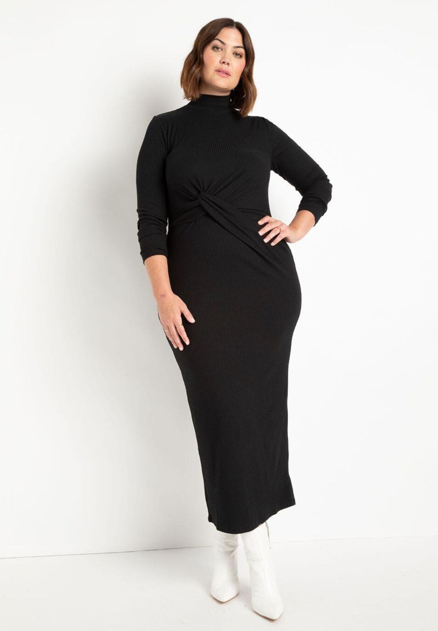 Online Twist Detail Ribbed Dress Black Dresses