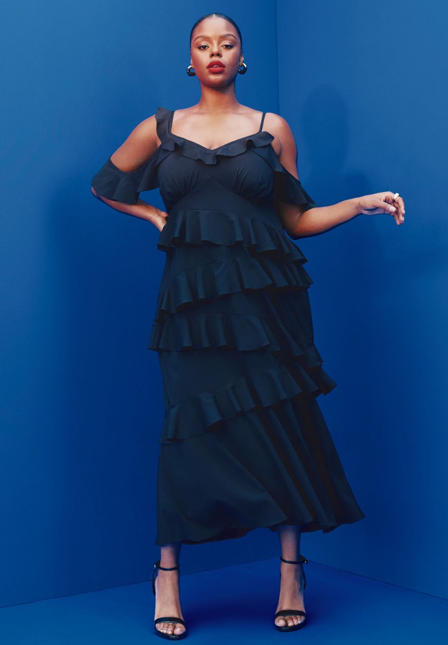 New Asym Ruffle Maxi Dress Black Dresses