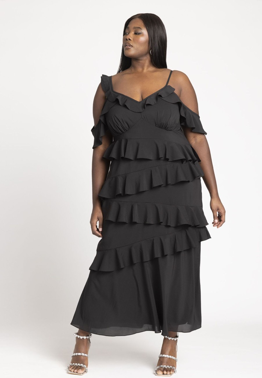 New Asym Ruffle Maxi Dress Black Dresses