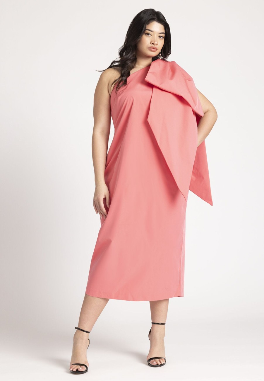 New One Shoulder Bow Column Dress Midi Dresses