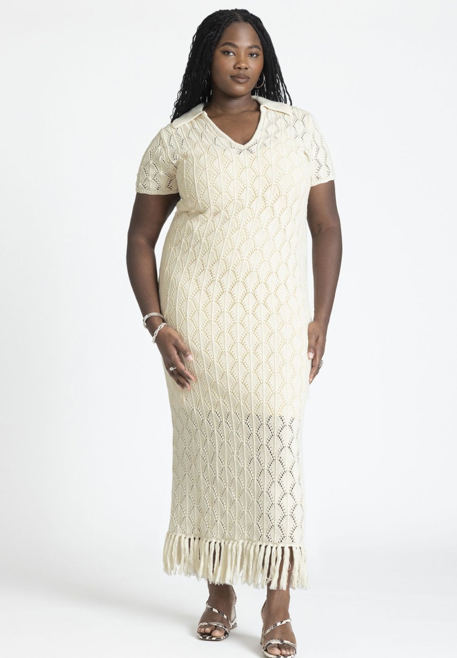 New Crochet Maxi Dress With Collar & Fringe White Dresses