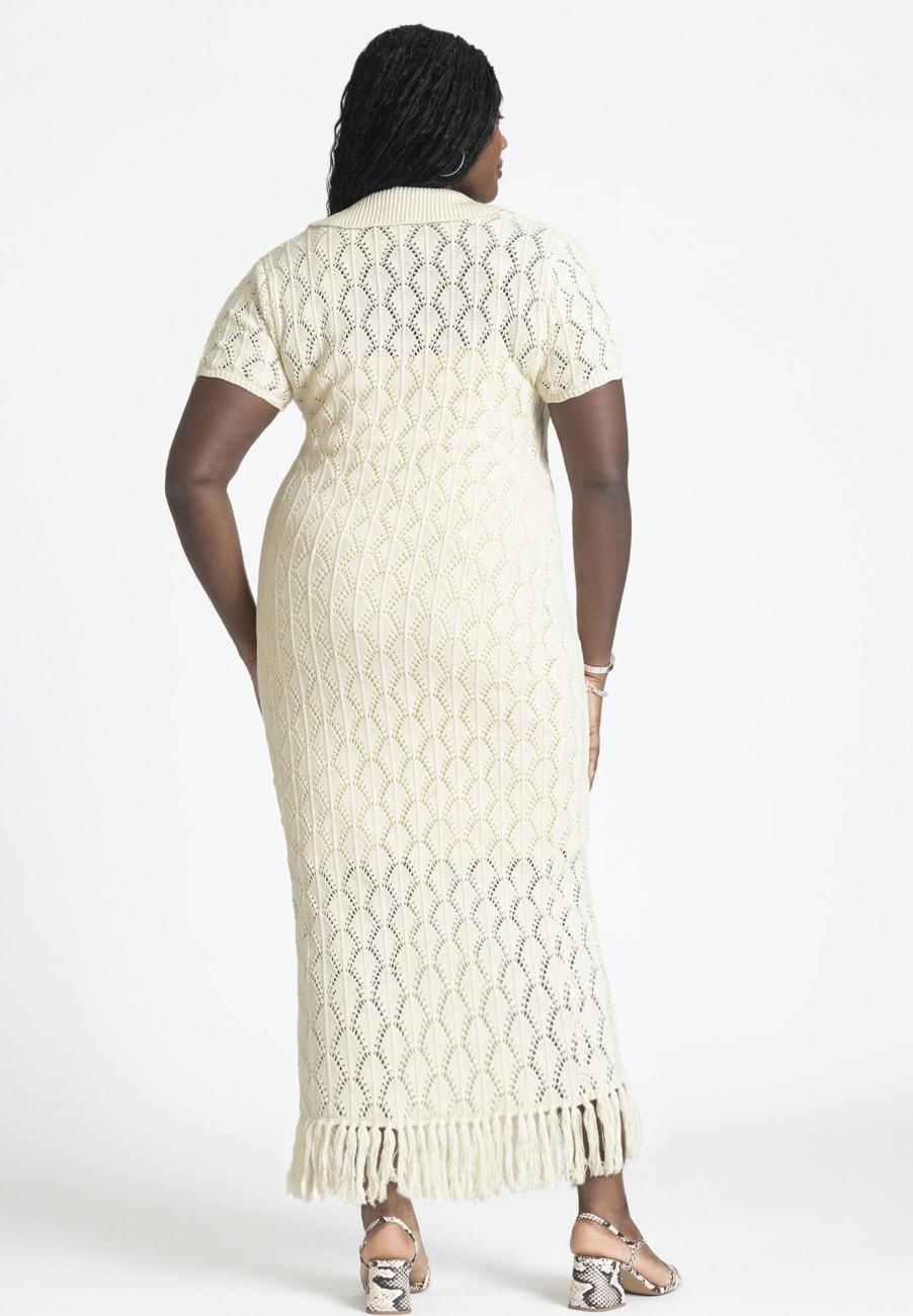 New Crochet Maxi Dress With Collar & Fringe White Dresses