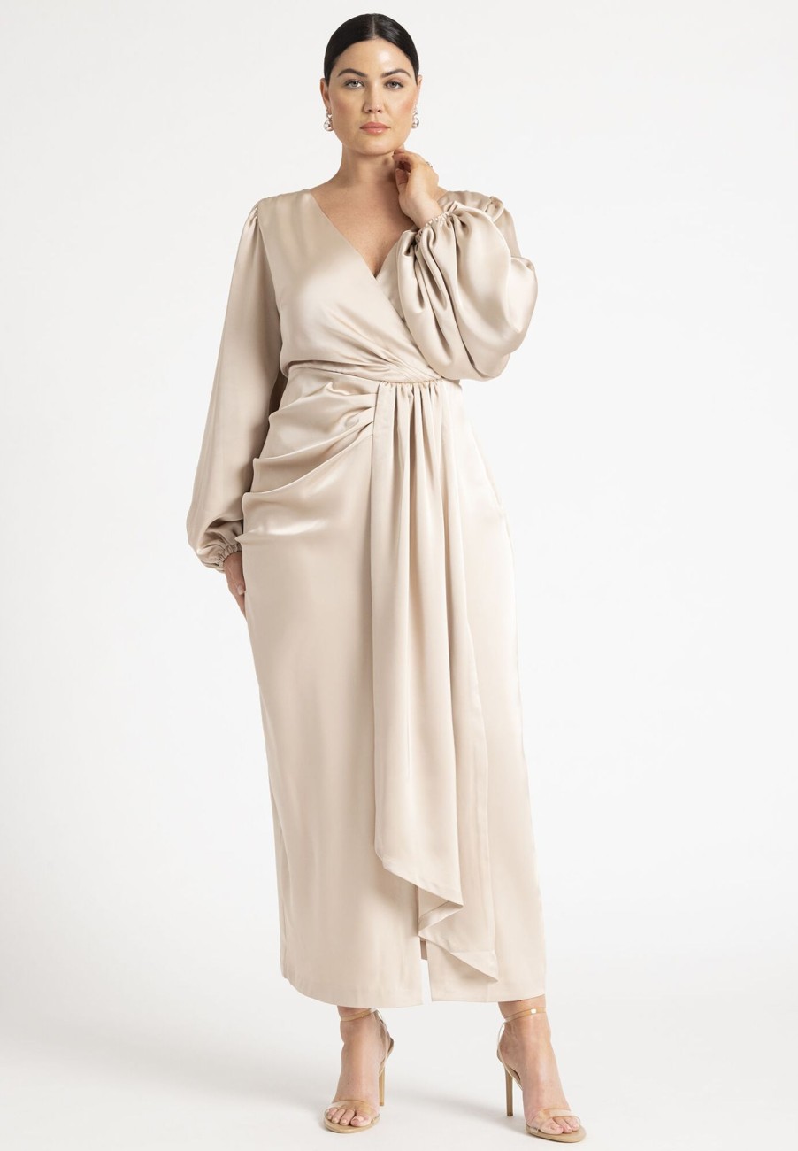 Online Satin Puff Sleeve Pleated Dress Maxi Dresses