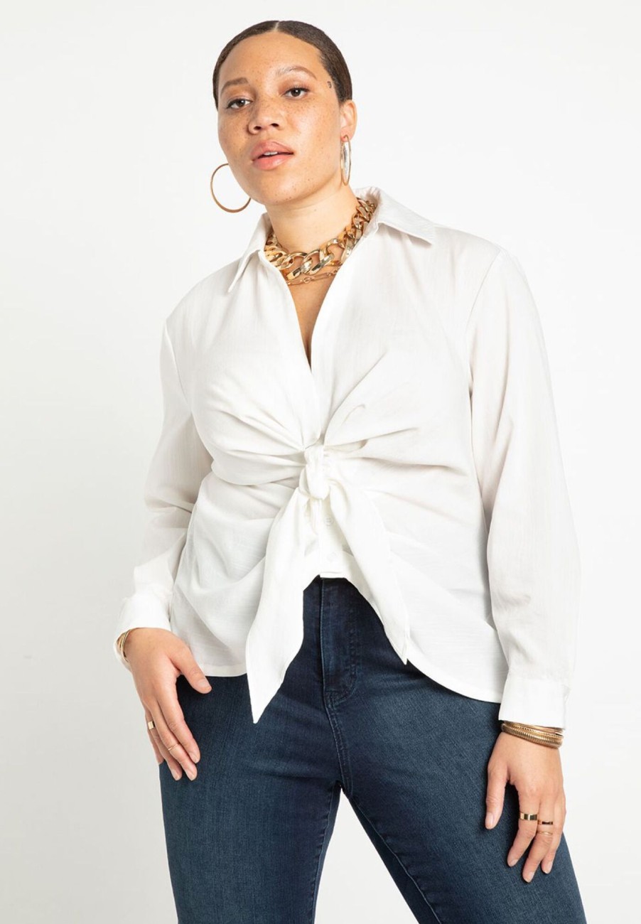 Hot Tie Front Collared Blouse Tops