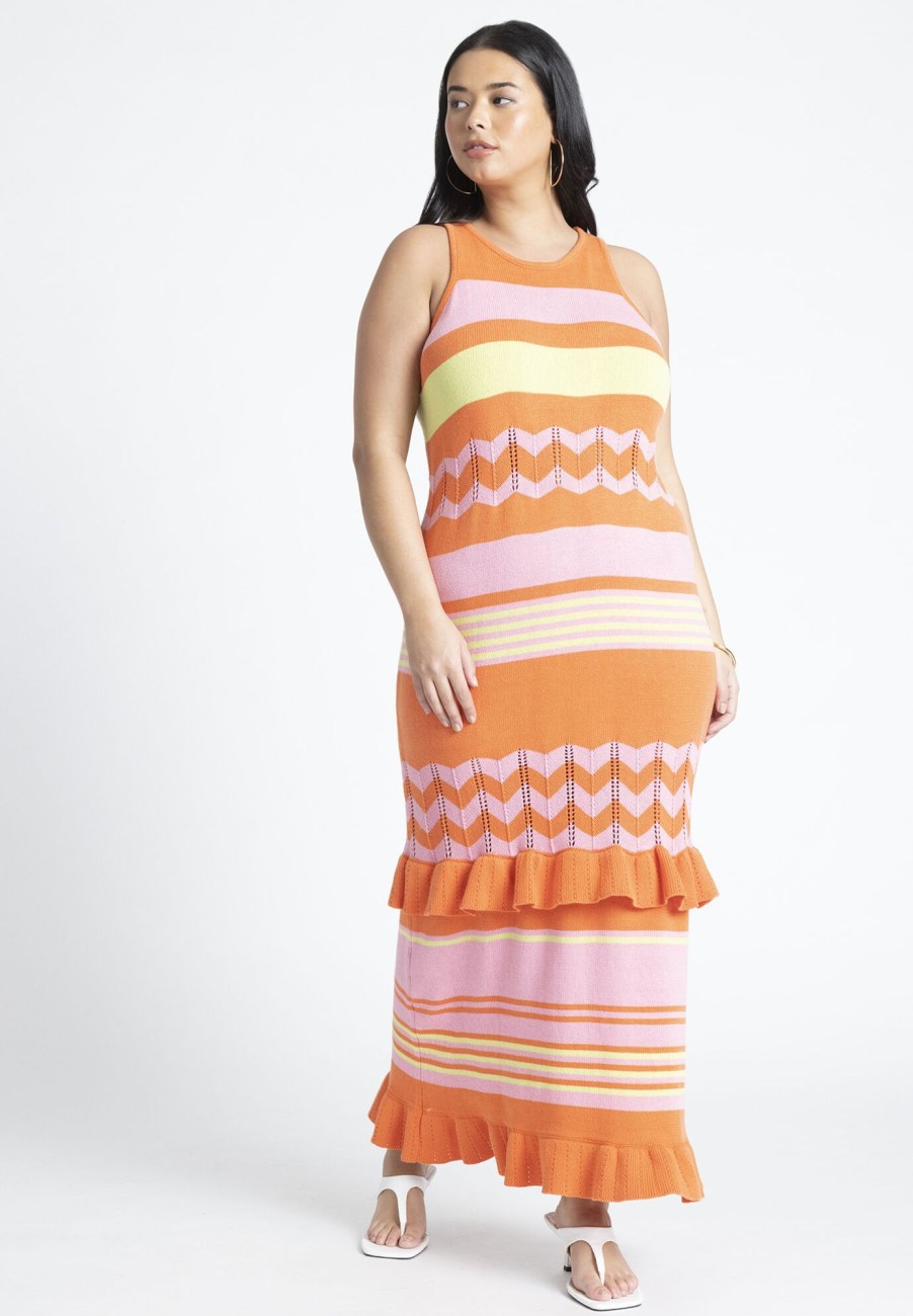 New Striped Tank Sweater Dress With Ruffles Vacation Dresses